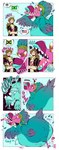 anthro belly big_belly blue_body butt duo female larger_female male monobutt oral_vore overweight sharp_teeth size_difference speech_bubble teeth vore yellow_eyes d._e._belton_(artist) bruna_(d.e.belton) avian human mammal monster 2014 comic hi_res