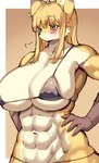 abs anthro big_breasts bikini blonde_hair blush breasts clothing female hair hands_on_hips heterochromia huge_breasts long_hair muscular muscular_anthro muscular_female solo swimwear two-piece_swimsuit under_boob miyanokoko harena_cordell-levine canid canine fox mammal absurd_res hi_res