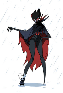 2_horns ambiguous_gender anthro biped black_eyes cloak clothed clothing duo fingers hand_on_hip horn looking_at_another looking_back raining red_eyes standing osakana2gou hollow_knight_(franchise) team_cherry grimm_(hollow_knight) the_knight_(hollow_knight) arthropod vessel_(species)
