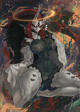 3_eyes accessory anthro black_sclera bra clothing curvy_figure facial_markings feathers female green_body green_skin hair hair_accessory head_markings horn horn_markings laces markings mask multi_eye pointy_ears red_hair solo spikes spikes_(anatomy) tail underwear voluptuous exobelos ixkan_(exobelos) demon scalie hi_res