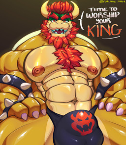 anthro barazoku beard biped body_hair bracelet bulge chest_hair clothing collar detailed_bulge facial_hair front_view hair hairy hand_on_leg hand_on_thigh horn jewelry looking_at_viewer male mature_male multicolored_body muscular muscular_male nipples pecs red_eyes red_hair sitting solo speech_bubble spiked_bracelet spiked_collar spikes spikes_(anatomy) text thong underwear yellow_body fur_and_jam mario_bros nintendo bowser dragon_koopa koopa scalie absurd_res english_text hi_res