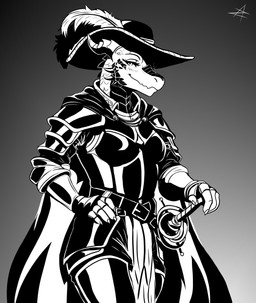 anthro armor cape clothing female hat hat_feather headgear headwear loose_feather melee_weapon musketeer rapier scales solo standing sword weapon azurian mythology dragon mythological_creature mythological_scalie scalie absurd_res hi_res