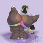 anthro arms_bent big_butt biped brown_body brown_skin butt duo extended_leg eyes_closed grabbing_both_legs grabbing_both_shins hands_on_legs hands_on_shins hands_together hands_together_elbows_apart huge_butt legs_in_air male mat mostly_nude obese overweight rainbow simple_background smile spread_legs spreading straight_leg tail upside_down wide_hips boxgoat julian_(kazecat) liam_becker bovid caprine common_hippopotamus hippopotamid mammal sheep 1:1 hi_res