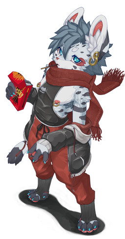 anthro bottomwear clothed clothing ear_piercing ear_ring footwear kemono male nipple_piercing nipple_ring nipples pants piercing pocky_in_mouth ring_piercing scarf simple_background socks solo standing toeless_footwear toeless_socks white_background aruuraaru felid mammal pantherine snow_leopard absurd_res hi_res