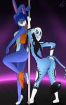 anthro blue_body blue_fur butt dancing duo female fur neon pole pole_dancing purple_eyes strip_club stripper striptease yellow_eyes drake-rex bovid bovine cattle lagomorph leporid mammal rabbit absurd_res hi_res