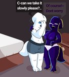 anthro areola balls barefoot bedroom big_balls big_butt blush bodily_fluids boxers_(clothing) breasts bulge butt clothed clothing dominant dominant_female duo feet female genitals hand_on_shoulder imminent_sex male male/female navel open_mouth panties partially_clothed shy sweat text thick_thighs topless topless_female underwear mister_redintong rain_world videocult inv_(rain_world) survivor_(rain_world) slugcat english_text