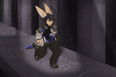 anthro armor bridge clothing ear_piercing hair light light_beam long_ears long_hair male melee_weapon military_uniform piercing puddle raining running scabbard serious_face solo sword uniform weapon wet wet_clothing hummyfluff drakengard made_in_abyss square_enix alex_the_narehate caim narehate hi_res