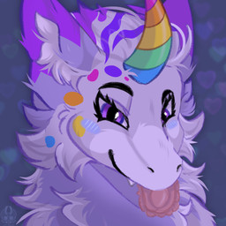 anthro colorful_body condom condom_in_mouth eyelashes female fluffy fur grin grinning_at_viewer horn mouth_hold multicolored_body multicolored_fur neck_tuft object_in_mouth purple_body purple_eyes purple_fur sexual_barrier_device smile smiling_at_viewer solo tuft airymiller mythology dragon mythological_creature mythological_scalie scalie bust_portrait hi_res portrait