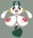 2018 areola big_breasts black_eyes blush breasts chinchira_(pixiv13404505) female floette front_view generation_6_pokemon green_body grey_background huge_breasts humanoid legless looking_at_viewer looking_down nintendo nipples open_mouth open_smile pokemon pokemon_(species) simple_background smile solo white_body