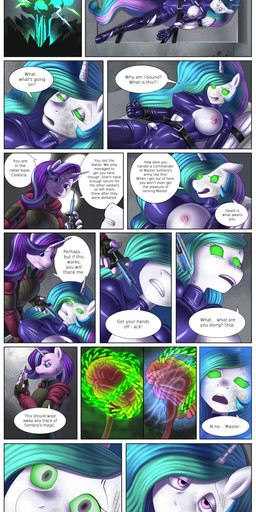 anthro armwear big_breasts black_armwear black_bodysuit black_clothing black_elbow_gloves black_gloves black_handwear black_latex black_legwear black_skinsuit black_thigh_highs bodysuit bound breasts camel_toe clothing dialogue drone duo elbow_gloves explosion feathered_wings feathers female genital_outline gloves glowing glowing_eyes green_eyes hair hands_tied handwear hooves horn hypnosis injection latex latex_armwear latex_clothing latex_elbow_gloves latex_gloves latex_handwear latex_legwear latex_thigh_highs legwear mind_control multicolored_hair nipples pink_eyes pink_nipples purple_body purple_hair skinsuit speech_bubble syringe text thigh_highs tight_clothing torn_clothing vulva_outline white_body wings wings_tied syberfab friendship_is_magic hasbro my_little_pony mythology princess_celestia_(mlp) starlight_glimmer_(mlp) equid equine mammal mythological_creature mythological_equine unicorn winged_unicorn absurd_res comic english_text hi_res story story_in_description