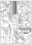 absurd_res adam_flint anthro attack black_and_white blood bodily_fluids canid canine clothed clothing comic dialogue duo english_text eric_doyle fight fox hi_res hybrid inner_ear_fluff kifyun2 magic male mammal monochrome scar simple_background speech_bubble text tuft weapon