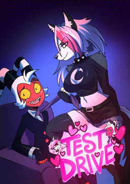 aged_down anthro blush blush_lines bottomwear clothing duo eyelashes female freckled_face freckles glistening_eyelids hair horn long_eyelashes long_hair male male/female necktie open_mouth piercing shorts simple_background smile smirk striped_horn stripes tuft kato777 hellaverse helluva_boss mythology loona_(helluva_boss) moxxie_(helluva_boss) canid canid_demon canine demon demon_humanoid hellhound horned_humanoid humanoid imp mammal mythological_canine mythological_creature absurd_res cover cover_art cover_page hi_res