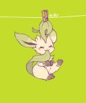 5:6 :3 ambiguous_gender blush chibi clamp clothes_pin eeveelution eyes_closed fastener feral generation_4_pokemon green_background leafeon nintendo nude paws pin_(fastener) pokemon pokemon_(species) simple_background smile solo tail tail_fetish tail_in_mouth tail_play wolfwithwing