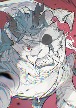 2_horns action_pose anthro antlers athletic athletic_anthro athletic_male black_eye_patch black_eyewear black_horn blue_eyebrows blue_hair blue_markings blue_stripes dagger ear_piercing ear_ring eye_patch eyebrows eyewear facial_markings fur gums hair head_horn head_markings holding_dagger holding_melee_weapon holding_object holding_weapon horn looking_at_viewer male markings melee_weapon mouth_closed nipple_piercing nipple_ring nipples nude_anthro one_eye_obstructed piercing pose pupils purple_background red_eyes ring_(jewelry) ring_piercing simple_background slit_pupils snarling solo striped_arms striped_legs stripes tusk_jewelry tusk_ring tusks weapon white_body white_fur white_sclera chiayeeee felid mammal pantherine tiger 2024 chromatic_aberration digital_drawing_(artwork) digital_media_(artwork) full-length_portrait hi_res portrait