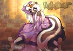 anthro armwear black_nose clothed clothing dress elbow_gloves female fluffy fluffy_tail footwear fur gloves hair hand_in_hair handwear heterochromia purple_clothing purple_dress shoes sitting solo tail touching_hair white_hair abluedeer bethellium aisling_(bethellium) mammal mephitid skunk 2022