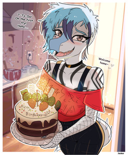 anthro armwear birthday_cake black_bottomwear black_clothing black_pants blue_body blue_hair blue_highlights blue_scales body_tattoo bottomwear bra_strap cake choker claws clothed clothing dessert dialogue eyelashes female finger_claws fishnet_armwear fishnet_clothing food fruit grey_eyes hair highlights_(coloring) inside jewelry kitchen long_tail looking_at_viewer multicolored_hair necklace off-shoulder_top off_shoulder open_mouth open_smile pants plant red_clothing red_shirt red_t-shirt red_topwear scales sharp_teeth shirt short_hair smile snout solo spiked_tail spikes spikes_(anatomy) strawberry t-shirt tail talking_to_viewer tattoo teeth text topwear two_tone_hair yeik_art goodbye_volcano_high ko_op_(game_developer) nick_(gvh) baryonyx dinosaur prehistoric_species reptile saurischian scalie spinosaurid theropod 2026 digital_drawing_(artwork) digital_media_(artwork) english_text hi_res