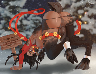 anthro antlers anus black_body black_fur black_hair bridle clothing cloven_hooves eyebrow_piercing facial_piercing female fur fur_growth genitals growth hair hooves horn human_to_anthro jingle_bell_legband piercing rear_view reins short_tail snow snowing solo species_transformation tail teats text torn_clothing transformation vulva warning_sign winter angrboda gibbs_(onom) deer mammal new_world_deer reindeer english_text