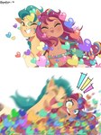 bag female feral heart_symbol male motion_blur open_mouth open_smile shoulder_bag smile tongue tongue_out two_panel_image puyohh hasbro mlp_g5 my_little_pony hitch_trailblazer_(mlp) sunny_starscout_(mlp) earth_pony equid equine horse mammal pony 3:4 comic