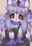 2023 4_fingers all_fours anthro apron apron_only black_sclera blue_body blue_fur blue_hair blush canid canine clothed clothing cute_fangs digital_media_(artwork) female female_anthro fingers fox fur gloves_(marking) hair happy hi_res kemono kuzure-chan leg_markings looking_at_viewer mammal markings multicolored_body multicolored_fur open_mouth open_smile purple_body purple_fur purple_hair sitting smile smiling_at_viewer socks_(marking) solo tail tongue translated_description tsukai_rabi wariza young young_anthro young_female