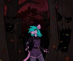 4_fingers anthro autumn belt clothed clothing creepy detailed_background falling_leaves female fingers flashlight glowing glowing_eyes plant solo tree tree_with_face worried hallowhund american_opossum mammal marsupial 2021 hi_res signature