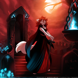 anthro blood bodily_fluids breasts cane cape cemetery chest_tuft cleavage clothed clothing detailed_background dress fangs female fur hair holding_object jewelry looking_at_viewer moon necklace night outside red_eyes red_hair solo teeth tuft white_body white_fur conditional_dnp tom_fischbach twokinds roselyn_(twokinds) canid canine canis keidran mammal vampire wolf 1:1 2018 adobe_photoshop_(artwork) colored digital_media_(artwork) hi_res