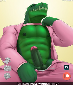 anthro balls biped bottomwear clothing clothing_pull erection foreskin genitals glans green_body humanoid_genitalia humanoid_penis looking_at_viewer low-angle_view male male_anthro muscular muscular_anthro muscular_male nipples pants patreon_logo penis pink_clothing pose solo suit suit_jacket teeth vein veiny_penis yellow_eyes spelunker_sal patreon sweetalker_(dispatch) dinosaur prehistoric_species reptile saurischian scalie theropod tyrannosaurid tyrannosauroid tyrannosaurus tyrannosaurus_rex 2026 digital_drawing_(artwork) digital_media_(artwork) hi_res pinup tagme