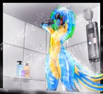 anthro bathing bioluminescence bioluminescent_tongue blue_body countershading covered_eyes feathers glistening glowing hair hand_on_head long_hair male shampoo shampoo_bottle shower singing solo steam suds tail tail_feathers wet meatyr mitchell_(meatyr) ara_(genus) avian bird blue-and-yellow_macaw macaw neotropical_parrot parrot true_parrot absurd_res hi_res