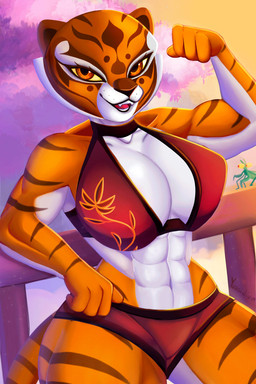 4_fingers abs anthro athletic_wear biceps big_breasts breasts cleavage clothed clothing collarbone countershading duo female female_focus fingers flexing flexing_bicep full_cleavage fur looking_at_viewer male midriff muscular muscular_female muscular_thighs open_mouth open_smile orange_body orange_fur outside red_clothing smile solo_focus striped_body striped_fur stripes white_body white_countershading yussidian dreamworks kung_fu_panda master_mantis master_tigress arthropod felid insect mammal mantis pantherine tiger 2025 hi_res portrait three-quarter_portrait