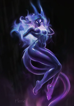anthro belly blue_body blue_hair breasts cosmos feet female floating glistening glistening_eyes hair horn multicolored_body multicolored_hair nude purple_body purple_eyes solo tail flerie mythology dragon mythological_creature mythological_scalie scalie