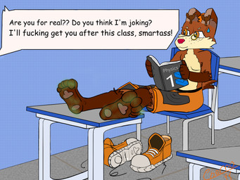 anthro bullying clothed clothing dominant eyewear feet footwear male monocle nerd paws paws_on_table reading resisting_bully school shoes skinny smelly smelly_feet smelly_paws solo taunting topless topless_male cherno_the_deer deer mammal hi_res