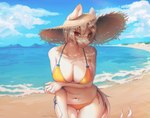 anthro arm_under_breasts beach big_breasts bikini breasts cleavage clothed clothing curved_horn female fur hair hat headgear headwear horn looking_at_viewer navel red_eyes sea seaside shadow side-tie_bikini solo string_bikini summer_hat swimwear thigh_gap two-piece_swimsuit water white_body white_fur white_hair wide_brim_hat yellow_bikini yellow_clothing yellow_swimwear mashiro_sssinohu hasbro my_little_pony mythology fan_character ultima_(oc) equid equine mammal mythological_creature mythological_equine unicorn absurd_res hi_res