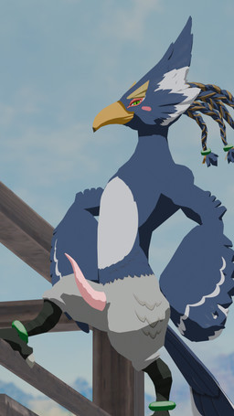 anthro beak blue_body feathers genitals green_eyes hands_on_hips looking_at_viewer male multicolored_body on_model one_leg_up penis proud_expression raised_leg smile smiling_at_viewer smirk smirking_at_viewer solo standing tail tapering_penis furryfamine20 breath_of_the_wild nintendo the_legend_of_zelda revali avian bird rito 9:16 blender_(artwork) digital_media_(artwork) hi_res