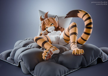 anthro anus areola bed black_tail_tip breasts brown_hair chest_tuft digitigrade dipstick_ears dipstick_tail ear_markings eyebrows eyelashes feet female fur furniture genitals hair inner_ear_fluff innie_vulva lying lying_on_bed markings multicolored_ears nipples nude on_back on_bed orange_body orange_fur pawpads pillow pink_nipples ring_(marking) ringed_tail small_breasts smile solo spread_legs spreading striped_body striped_fur striped_markings striped_tail stripes tail tail_markings text tuft vulva white_body white_fur yellow_eyes chyvak twokinds flora_(twokinds) felid keidran mammal pantherine tiger 2025 3d_(artwork) digital_media_(artwork) hi_res url