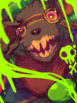 anthro buckteeth clothing eyewear fangs fur goggles grey_body grey_fur gums_(mouth) kerchief looking_at_viewer male neon_green one_eye_closed open_mouth open_smile pink_eyes sharp_teeth skull_and_crossbones smile smiling_at_viewer solo teeth tongue karumonufu league_of_legends riot_games tencent twitch_(lol) mammal murid murine rat rodent 2024 3:4 sketch