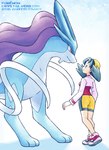 blue_body bottomwear clothing duo eye_contact female feral hat headgear headwear looking_at_another shorts simple_background size_difference smile standing on_ice_(artist) nintendo pokemon kris_(pokemon) generation_2_pokemon human legendary_pokemon mammal pokemon_(species) suicune 2020 absurd_res digital_drawing_(artwork) digital_media_(artwork) hi_res