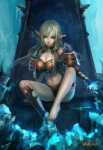 armor barefoot breasts chair cleavage clothed clothing death_knight feet female furniture hair humanoid_pointy_ears ice long_hair medium_breasts not_furry pointy_ears sitting solo text throne yoru_(xueyinye) blizzard_entertainment warcraft blood_elf elf humanoid undead copyright_name