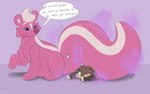 ambiguous_gender blue_eyes blush brown_body duo feral green_eyes inflatable mane pink_body pool_toy sitting text symrea animate_inanimate living_inflatable mammal mephitid mustelid otter skunk 16:10 english_text widescreen