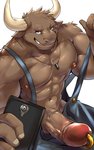 anthro big_muscles big_penis blue_eyes brown_body brown_fur brown_nipples cellphone clothing electronics erection fur genital_piercing genitals grin high-angle_view horn huge_penis humanoid_genitalia humanoid_hands humanoid_penis hyper hyper_genitalia hyper_penis jewelry looking_at_viewer male muscular muscular_anthro muscular_male necklace nipples overalls penis penis_piercing phone piercing prince_albert_piercing selfie simple_background smile solo vein veiny_penis white_background white_horn unknown_artist kathu_thal bovid bovine cattle mammal