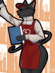 anthro apron black_body black_fur cat_tail clothed clothing eyes_closed female fur hat headgear headwear red_apron red_clothing solo tail thick_thighs rizal_ok domestic_cat felid feline felis mammal 3:4 hi_res