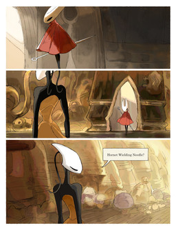 antennae_(anatomy) anthro biped black_body black_eyes blood blood_on_clothing blood_stain bodily_fluids cloak clothing detailed_background dialogue duo empty_eyes female female_anthro hornet's_needle mouthless red_cloak red_clothing speech_bubble talking_to_another text white_body yellow_body darkdog hollow_knight:_silksong hollow_knight_(franchise) team_cherry hornet_(hollow_knight) shakra_(hollow_knight:_silksong) arthropod 2025 absurd_res comic digital_drawing_(artwork) digital_media_(artwork) english_text hi_res
