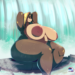 anthro bathing belly big_breasts big_butt breasts butt curvy_figure eyes_closed fangs female huge_breasts navel nipples non-mammal_breasts non-mammal_navel non-mammal_nipples overweight overweight_anthro overweight_female palmorph solo teeth thick_thighs voluptuous waterfall waterfall_shower wet wide_hips chankup palworld pocketpair gretta_(chankup) aquatic dumud fish pal_(species) 1:1 absurd_res hi_res