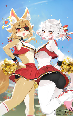 anthro biped blush bottomwear breasts butt cheerleader cheerleader_outfit clothed clothed_anthro clothed_female clothing do_not_distribute duo eye_patch eyewear female female_anthro fur hair kemono looking_at_viewer midriff multiple_poses navel one_eye_obstructed pom_poms pose shorts skirt spandex spandex_shorts tail tight_bottomwear tight_clothing tight_shorts under_boob upskirt kikury canid canine felid fox mammal 2025 absurd_res colored detailed digital_drawing_(artwork) digital_media_(artwork) hi_res portrait shaded three-quarter_portrait watermark