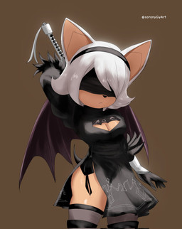 accessory alternate_species anthro blindfold breasts cleavage clothed clothing cosplay dress female hair hand_behind_head headband melee_weapon solo sword tail tail_motion tailwag weapon white_hair wings soranygyart nier_automata platinumgames sega sonic_the_hedgehog_(series) rouge_the_bat yorha_2b bat mammal crossover hi_res
