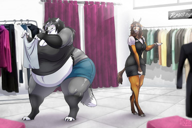 anthro barefoot belly belly_overhang belly_peeking_out big_belly big_breasts black_body black_fur black_hair black_lips black_nose blue_eyes blush bottomwear breasts brown_hair clothed clothing clothing_store detailed_background duo embarrassed feet female fingers fitting_room fur hair holding_clothing holding_object holding_shirt holding_topwear hooves huge_breasts huge_hips inside lips obese obese_female open_mouth orange_body orange_fur overweight overweight_female shirt shorts size_difference skirt standing store tank_top teeth text thick_thighs topwear undersized_clothing weight_conscious weight_difference weight_gain white_body white_fur wide_hips biglovealicia alicia_(biglovealicia) antelope bovid canid canine canis mammal wolf 2017 digital_media_(artwork) english_text