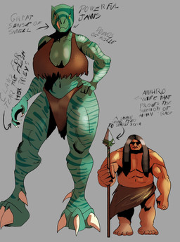 abs anthro anthro_focus black_hair bottomwear breasts claws cleavage clothed clothing duo female female_anthro female_focus finger_claws grey_background hair hand_on_hip larger_anthro larger_female loincloth long_hair looking_at_viewer male male/female male_human muscular muscular_female navel simple_background size_difference text toe_claws voluptuous_anthro voluptuous_female white_claws beltimerperbus primal_(series) fang_(primal) spear_(primal) dinosaur human mammal prehistoric_species reptile saurischian scalie theropod english_text hi_res