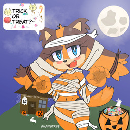 anthro bandage big_breasts black_nose blue_eyes blush breasts brown_body brown_fur clothing costume dialogue eyelashes female front_view fur halloween_costume holidays looking_at_viewer moon mummy_costume mummy_wrappings navel night open_mouth orange_body orange_fur sky snaggle_tooth solo speech_bubble talking_to_viewer tan_body tan_fur text thick_thighs wide_hips mawstrife halloween sega sonic_boom sonic_the_hedgehog_(series) sticks_the_jungle_badger badger mammal mustelid musteline absurd_res hi_res