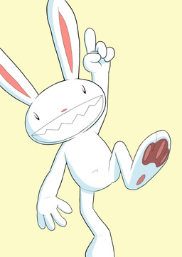 4_fingers 4_toes anthro beady_eyes feet fingers gesture hand_gesture male micro_calves micro_legs micro_thighs navel pawpads pointing pointing_up raised_leg simple_background solo teeth thin_calves thin_legs thin_thighs toes yellow_background nekotanyanneko sam_and_max max_(sam_and_max) lagomorph leporid mammal rabbit 2020 hi_res