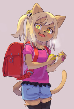 accessory anthro backpack blonde_hair blue_bottomwear blue_clothing blue_pants bodily_fluids bottomwear chest_tuft claws clothed clothing denim denim_bottomwear denim_clothing drooling evil_grin female fingers fur hair hair_accessory holding_object legwear looking_at_viewer open_mouth pants pawpads personal_alarm pink_clothing pink_shirt pink_topwear randoseru saliva shirt shorts simple_background smile solo stockings topwear tuft yellow_eyes young young_anthro young_female tomato_marukazi domestic_cat felid feline felis mammal digital_media_(artwork) hi_res