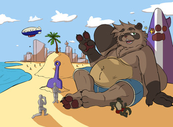 3_toes anthro beach belly big_belly brown_body brown_fur clothed clothing feet fur group macro male micro moobs navel open_mouth overweight overweight_male paws seaside size_difference swimming_trunks swimwear text toes andythetanuki andythetanuki_(character) anon canid canine crocodile crocodilian human mammal raccoon_dog reptile scalie 2019 absurd_res digital_media_(artwork) english_text hi_res