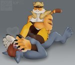 4_toes 5_toes accessory anthro barefoot big_feet black_toe_claws blonde_hair blush bottomwear brown_body brown_fur brown_hair brown_headband brown_stripes brown_tail_tip cheek_tuft claws closed_smile clothing dipstick_tail duo eyes_closed facial_tuft fangs feet foot_fetish foot_on_face foot_sniffing fur fur_markings fur_tuft grey_body grey_fur grey_toe_claws hair headband lying male male/male markings mouth_closed multicolored_body multicolored_fur muscular muscular_anthro muscular_male on_back orange_body orange_fur pants smile sniffing striped_body striped_fur striped_markings striped_tail stripes tail tail_markings teeth toe_claws toes tuft white_body white_fur yellow_bottomwear yellow_clothing yellow_pants coyocislav skonczonyidiota epic_games fortnite meowtooth rein_(reinhardtthewolf) canid canine canis domestic_cat felid feline felis mammal pantherine tiger wolf artist_collaboration hi_res